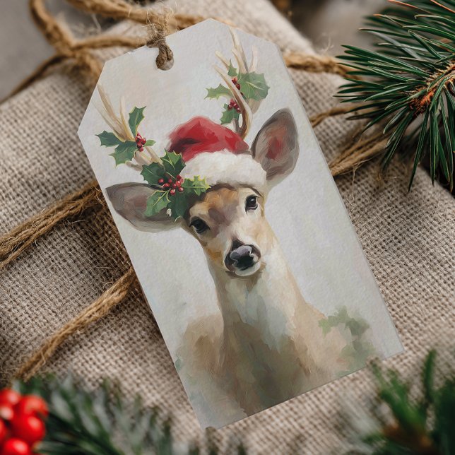 Elegant Deer with Santa Hat Christmas Geschenkanhänger (Elegant Woodland Deer Christmas Gift Tag)