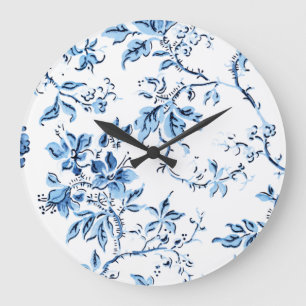 Elegant Delft Blue and White Floral Große Wanduhr