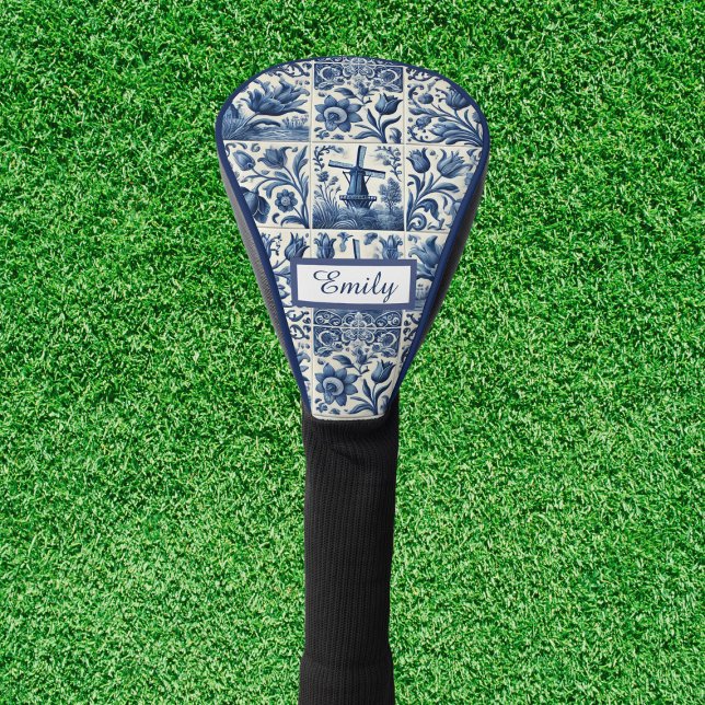 Elegant Delft Tiles Personalisiert Golf Headcover (Elegant golf head cover, blue and white tiled design with personalization )
