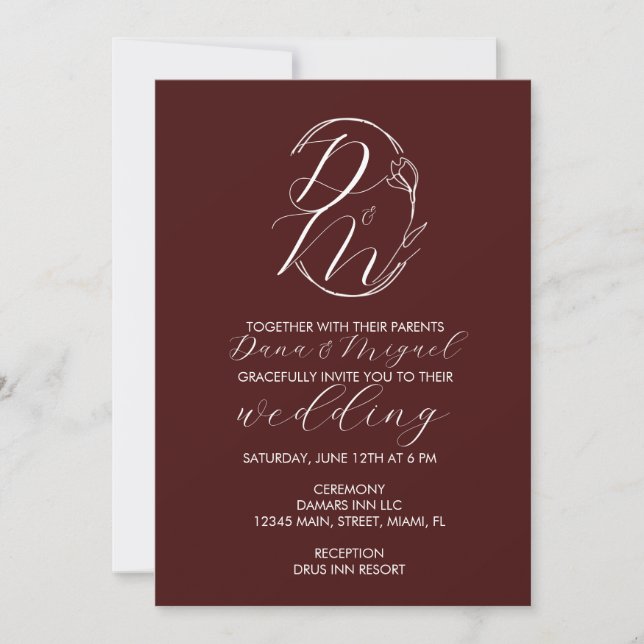 Elegant Delicate Floral Wedding Logo Deep Burgundy Einladung (Vorderseite)