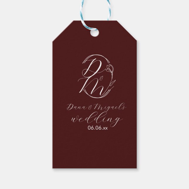 Elegant Delicate Floral Wedding Logo Deep Burgundy Geschenkanhänger (Vorderseite)