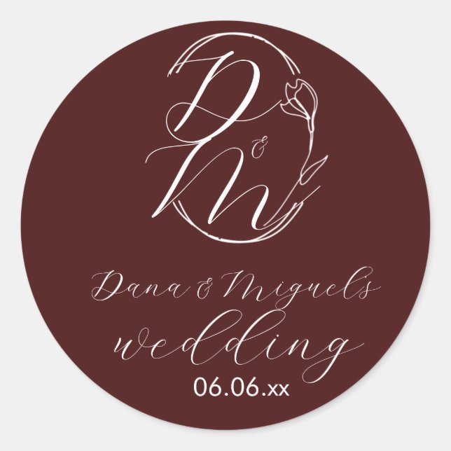 Elegant Delicate Floral Wedding Logo Deep Burgundy Runder Aufkleber (Vorderseite)