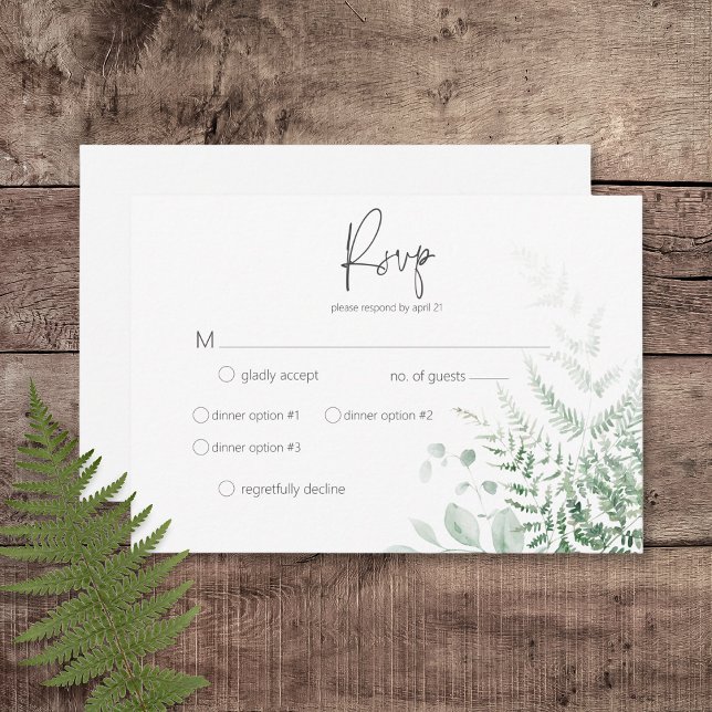 Elegant Delicate Greenerity Ferns Dinner RSVP Karte (Elegant Delicate Greenery Ferns Wedding Response Card with Dinner Options)