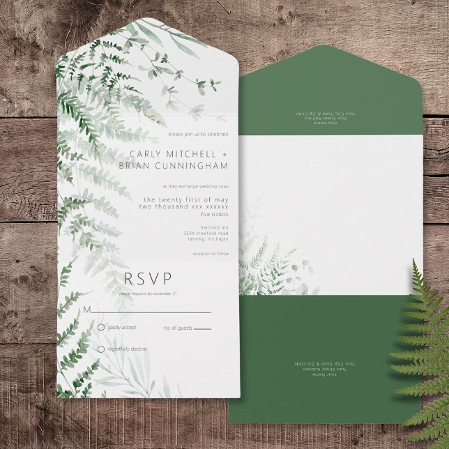 Elegant Delicate Greenerity Ferns Kein Abendessen All In One Einladung (Elegant Delicate Greenery Ferns All In One Wedding Invitation without Dinner Options)