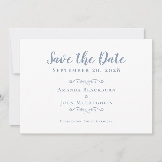 Elegant Delicate Romantische Kalligrafie Dusty Blu Save The Date (Vorderseite)
