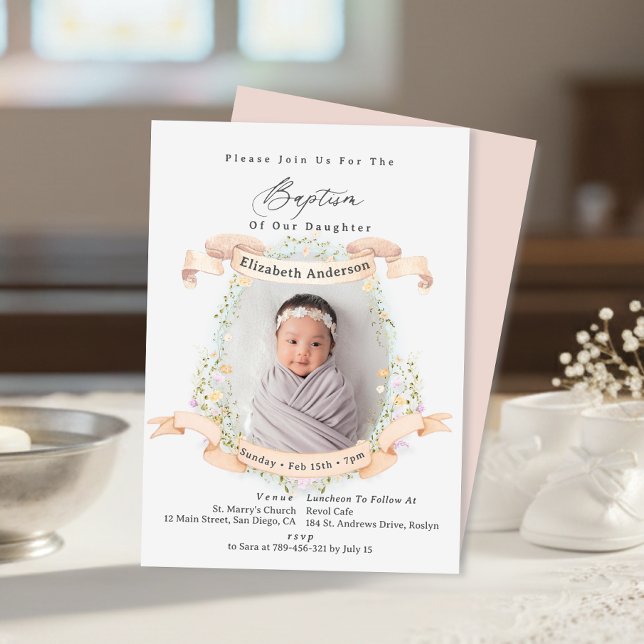 Elegant Delicate Wildflowers Baby Photo Baptism Einladung (Elegant Delicate Wildflowers Baby Photo Baptism Invitation)