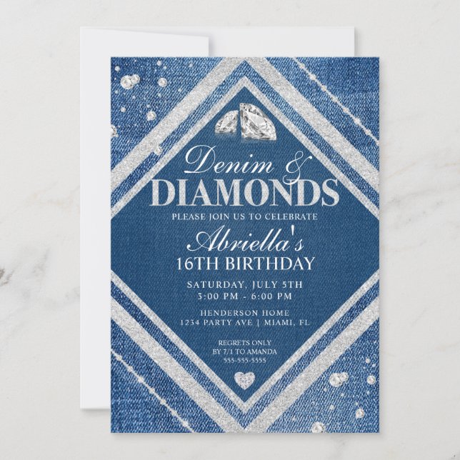Elegant Denim und Diamonds zum Geburtstag Einladun Einladung (Vorderseite)