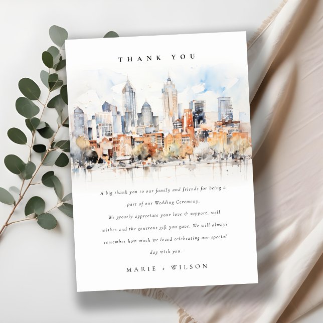 Elegant Denver Colorado Skyline Watercolor Wedding Dankeskarte (Von Creator hochgeladen)