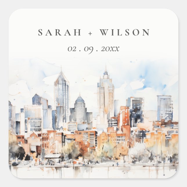Elegant Denver Colorado Skyline Watercolor Wedding Quadratischer Aufkleber (Vorderseite)
