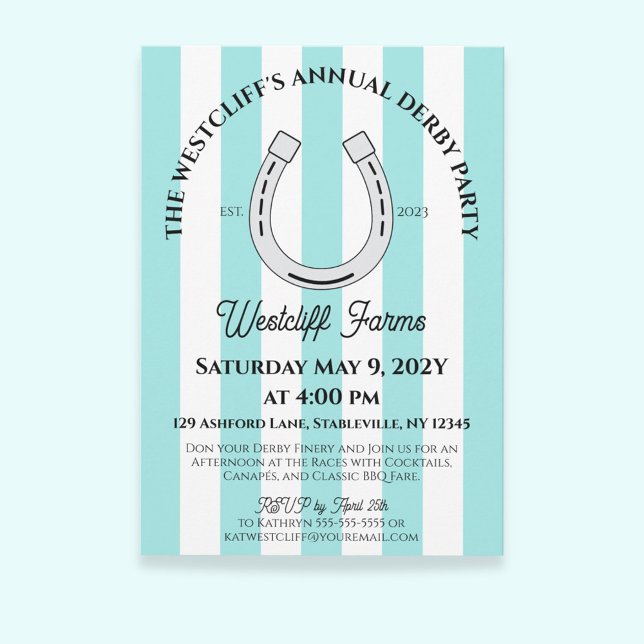 Elegant Derby Party Blue Cabana Stripe Horseshoe Einladung (Duck Egg Blue Cabana Stripes Horseshoe Derby Horse Racing Party Invitation)