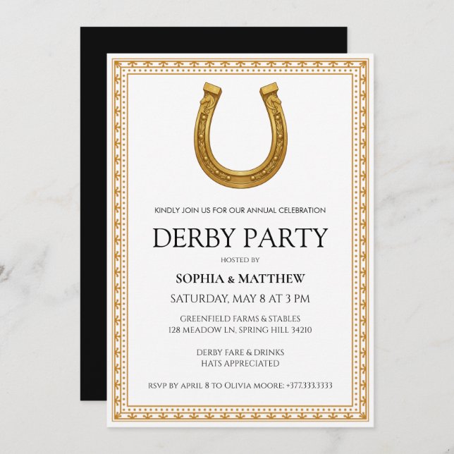 Elegant Derby Party Invitation with Gold Horseshoe Einladung (Vorne/Hinten)