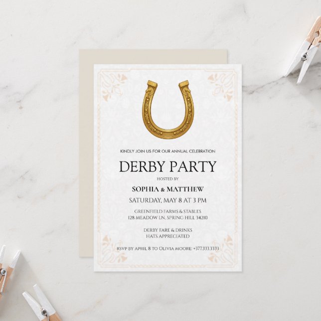 Elegant Derby Party Invitation with Gold Horseshoe Einladung (Vorderseite/Rückseite Beispiel)