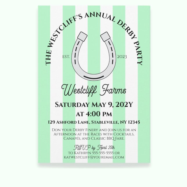 Elegant Derby Party Mint Cabana Stripe Horseshoe Einladung (Mint Green Cabana Stripes Horseshoe Derby Horse Racing Party Invitation)