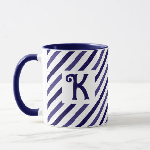 Elegant Diagonal Stripes Dark Blue Novelty Initial Tasse