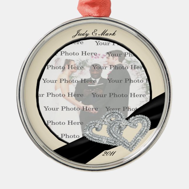 Elegant Diamond Black Ribbon Silver Round Ornament (Vorne)