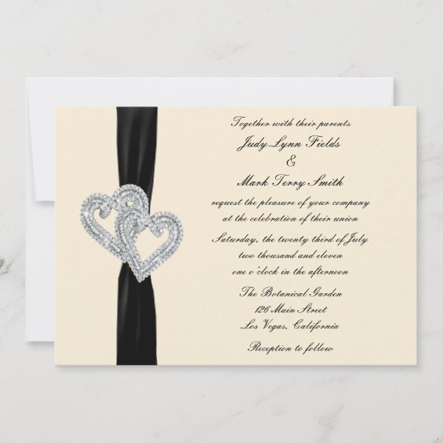 Elegant Diamond Black Ribbon Wedding Einladung (Vorderseite)