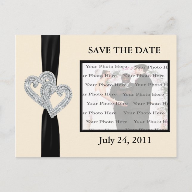 Elegant Diamond BlackRibbon Save the Date Postcard Ankündigungspostkarte (Vorderseite)