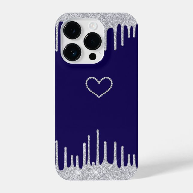 Elegant Diamond Heart iPhone 14 Pro Case - Navy iPhone Hülle (Rückseite)