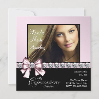 Elegant Diamond Pink Bow Foto Quinceanera Einladung