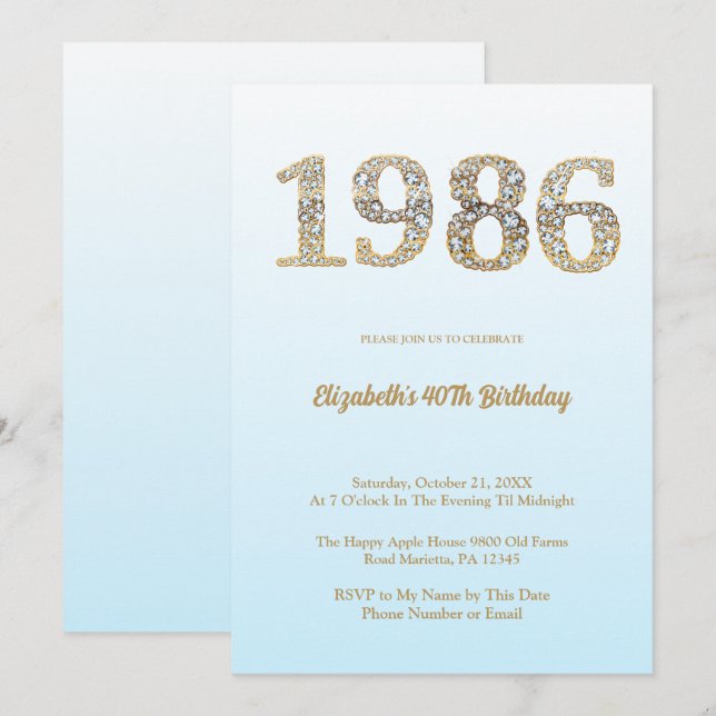 Elegant Diamond Year 1986 40th Birthday Party Einladung (Vorne/Hinten)