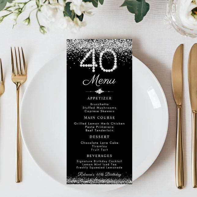 Elegant Diamonds 40. Geburtstag Abendessen Flat Me Menükarte (Diamonds 40th Birthday Party Menu Card)