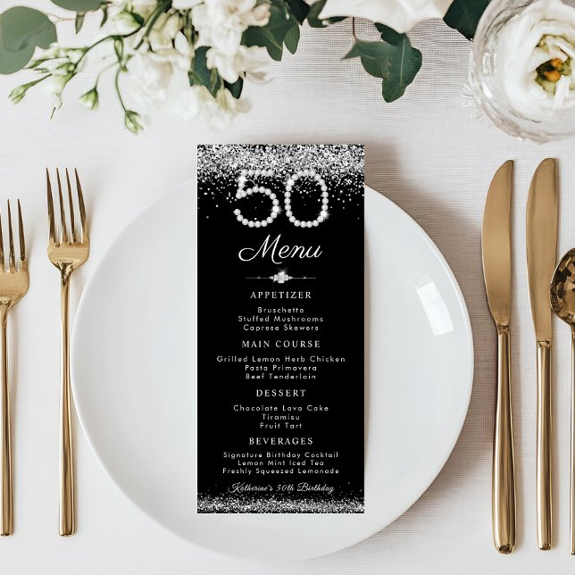 Elegant Diamonds 50. Geburtstag Abendessen Flat Me Menükarte (Elegant Diamonds 50th Birthday Menu Card)