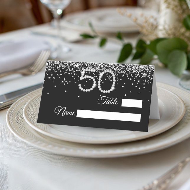 Elegant Diamonds 50th Birthday Party Place Card Platzkarte (Black and silver 50th Birthday party place card)