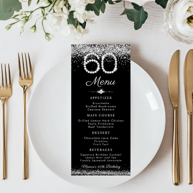 Elegant Diamonds 60. Geburtstag Abendessen Flat Me Menükarte (Black and Silver Diamonds 60th birthday Menu card)