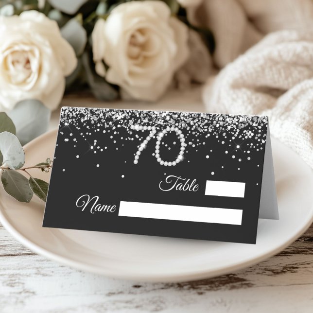 Elegant Diamonds 70th Birthday Party Place Card Platzkarte (Silver Diamonds 70th Birthday Party decor place card)