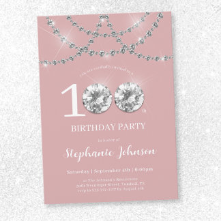 Elegant Diamonds Blush Pink 100. Geburtstag Einladung