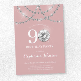 Elegant Diamonds Blush Pink 90. Geburtstag Einladung