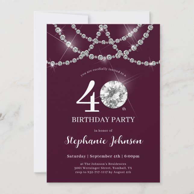 Elegant Diamonds Burgundy 40. Geburtstag Party Einladung (Vorderseite)
