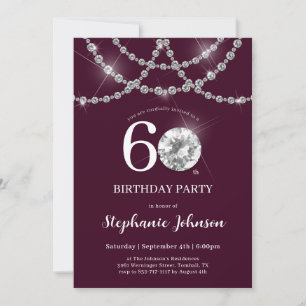 Elegant Diamonds Burgundy 60. Geburtstagsparty Einladung