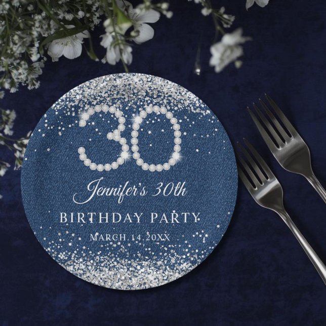 Elegant Diamonds & Denim 30. Geburtstag Party Pappteller (Diamonds & denim 30th Birthday Paper plate)