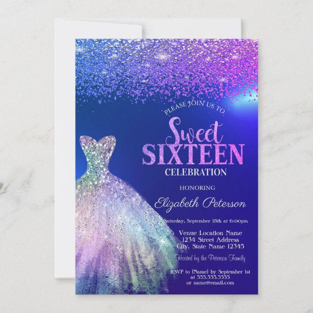 Elegant Diamonds, Dress Blue Sweet 16 Einladung (Vorderseite)