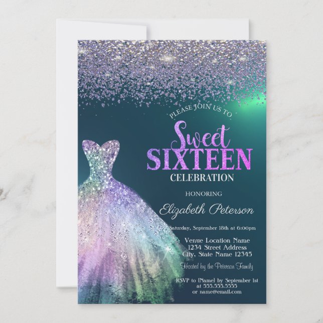 Elegant Diamonds, Dress Green Sweet 16 Einladung (Vorderseite)