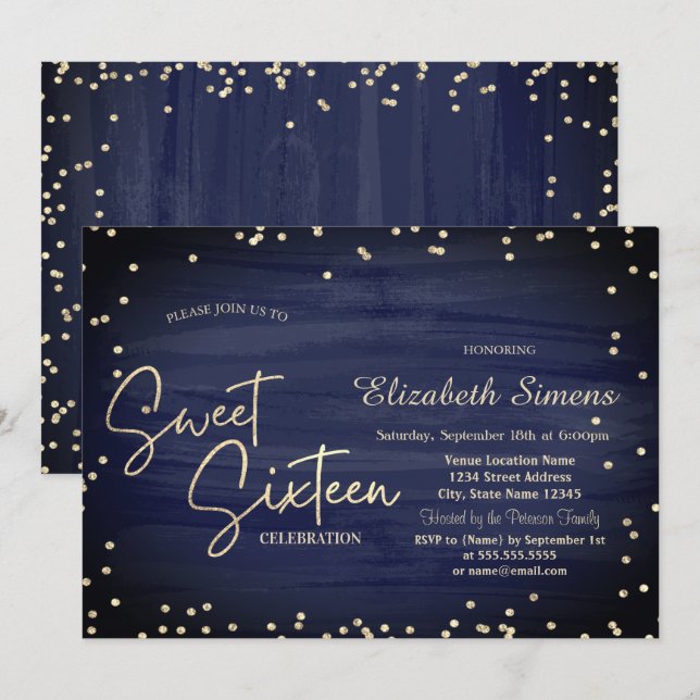 Elegant Diamonds Navy Blue Gold Script Sweet 16 Einladung (Vorne/Hinten)