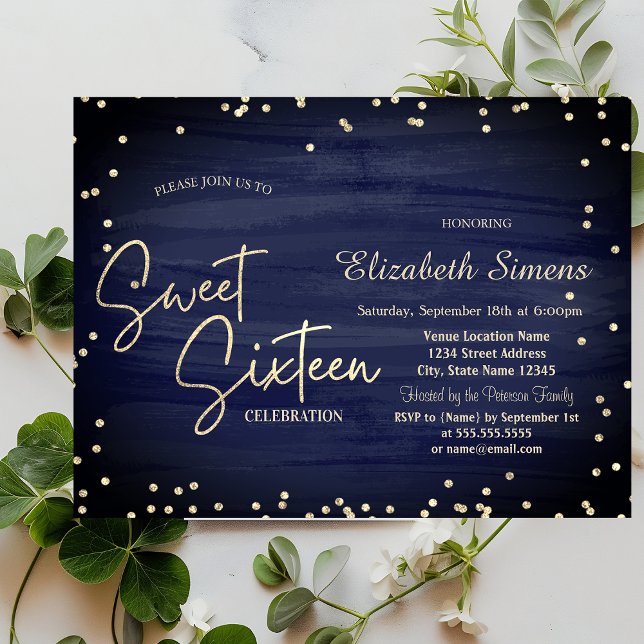 Elegant Diamonds Navy Blue Gold Script Sweet 16 Einladung (Von Creator hochgeladen)