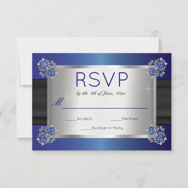 Elegant Diamonds Sapphire Clasps Blue Wedding RSVP Karte (Vorderseite)