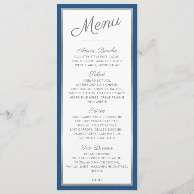 ELEGANT DINNER MENU Moderner Empfang Blau grau Menükarte (Vorderseite)