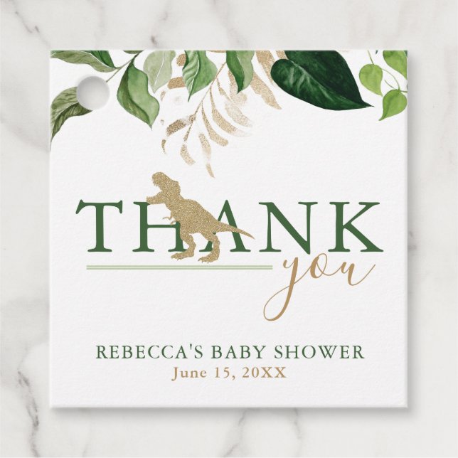 Elegant Dinosaur Green und Gold Baby Dusche Geschenkanhänger (Vorderseite)