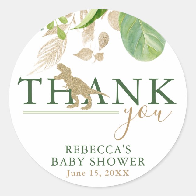 Elegant Dinosaur Green und Gold Baby Dusche Runder Aufkleber (Vorderseite)