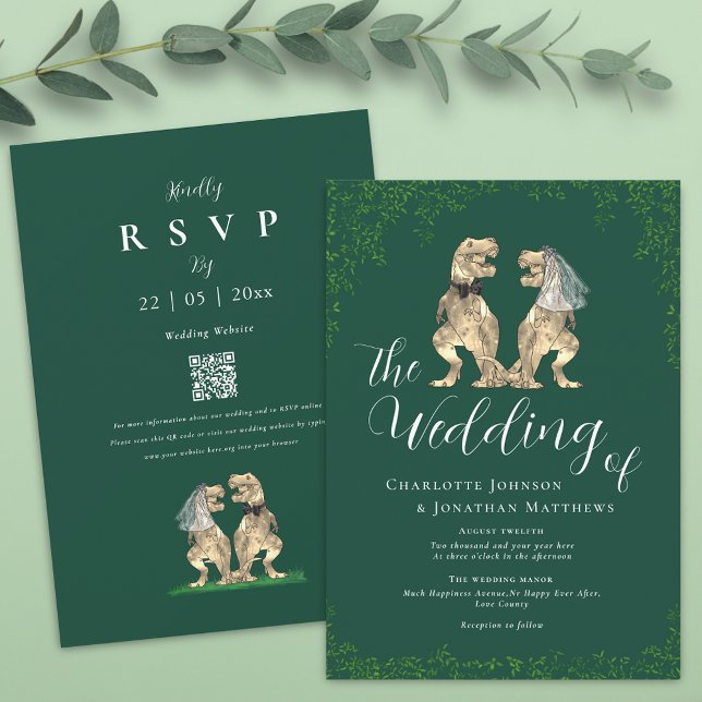 Elegant Dinosaur Green Wedding QR Code Einladung (T-Rex bride and groom funny dinosaur green and white wedding qr code invitation)