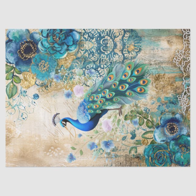 Elegant Distressed Teal Blue Florals & Peacock Seidenpapier (Vorderseite)