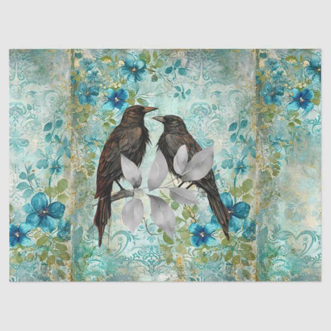 Elegant Distressed Teal Floral & Ravens Seidenpapier (Vorderseite)
