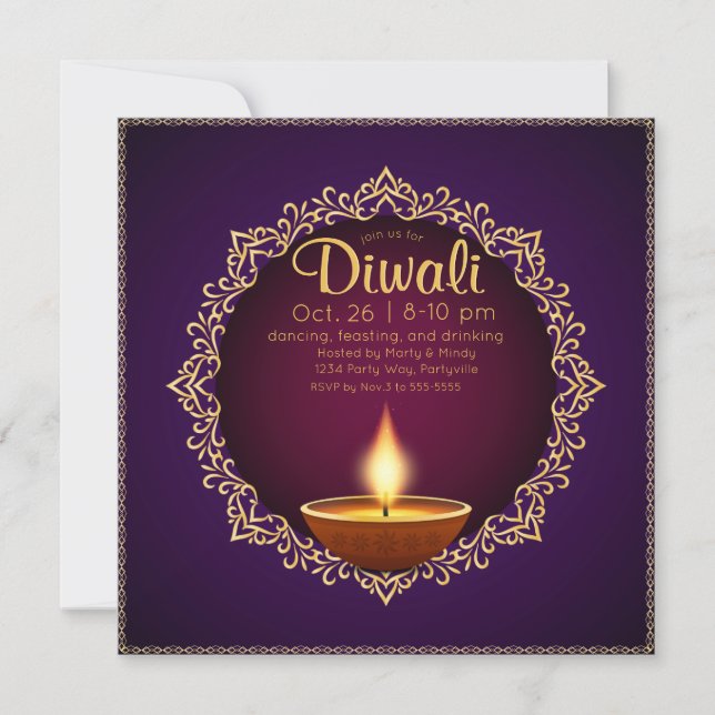 Elegant Diwali Diyas Lila Einladung (Vorderseite)