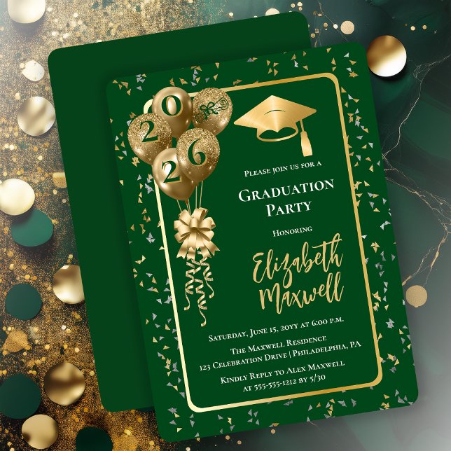 Elegant Dk Green Gold Balloons Graduation Party Einladung (Elegant Dark Green and Gold Tone Graduation Party Invitation Balloons and Confetti - Print | Digital)