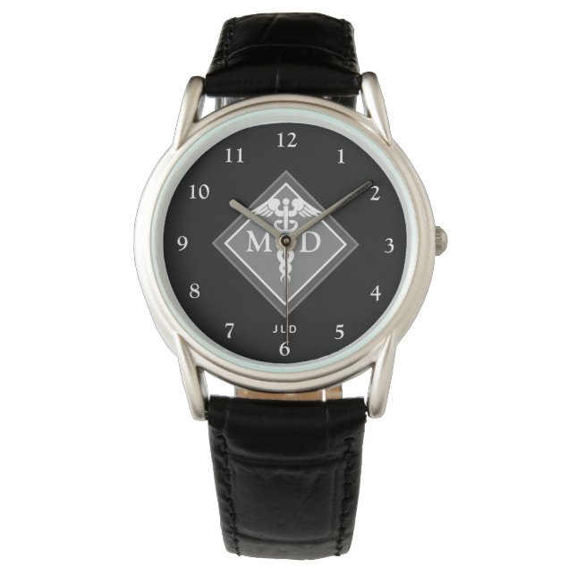 Elegant Doctor MD Caduceus Black Gray Monogramm Armbanduhr (Vorderseite)