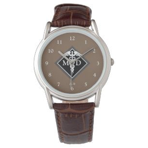 Elegant Doctor MD Caduceus Brown Black Monogram Armbanduhr
