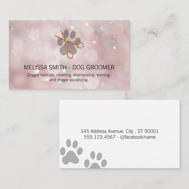 Elegant Dog Groomer | Pink Bokeh Visitenkarte (Vorne/Hinten)